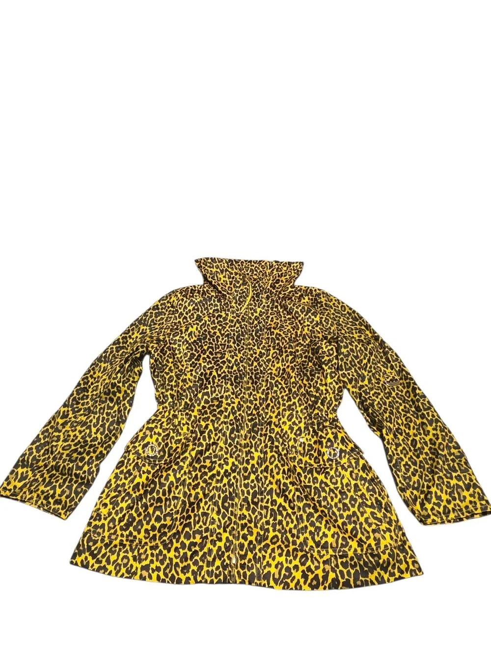 Yellow Leopard Print Drawstring Waist & Neck Windbreaker Rhinestone Detail OS